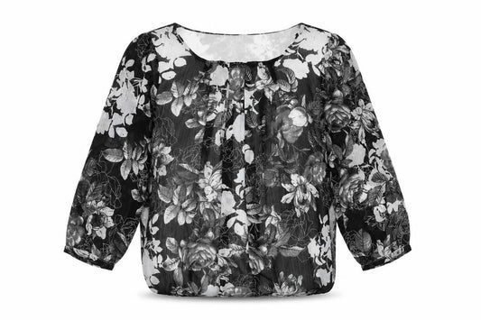 Front view of Bonmarché women’s black floral polyester basic blouse, size UK 10, round neck