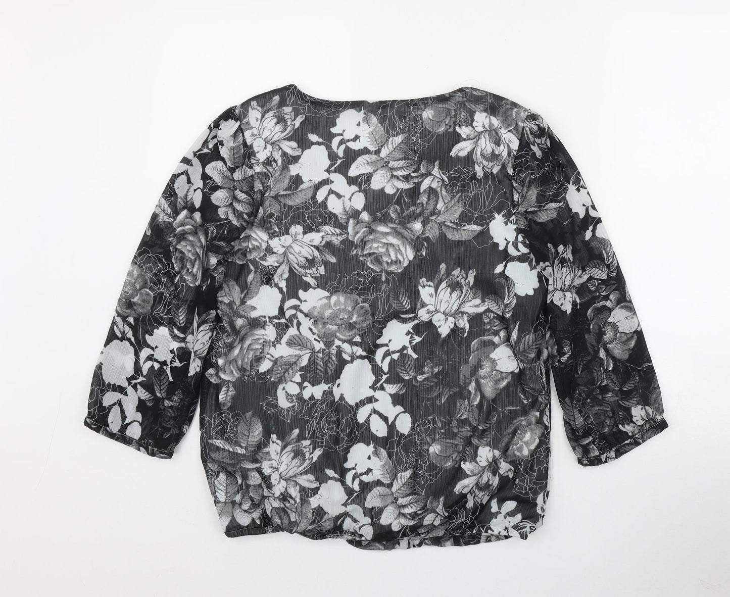 BM Womens Black Floral Polyester Basic Blouse Size 10 Round Neck