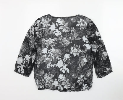 BM Womens Black Floral Polyester Basic Blouse Size 10 Round Neck