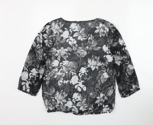 BM Womens Black Floral Polyester Basic Blouse Size 10 Round Neck