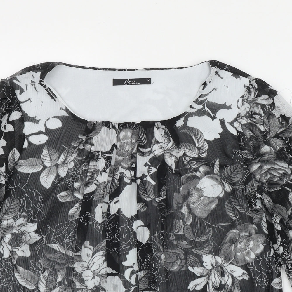 BM Womens Black Floral Polyester Basic Blouse Size 10 Round Neck