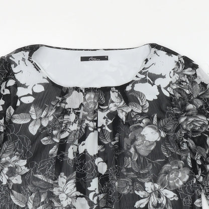 BM Womens Black Floral Polyester Basic Blouse Size 10 Round Neck