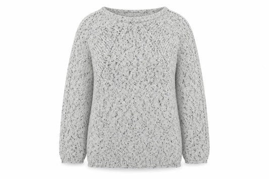 Front view of Betty Jackson. Black women’s grey round neck acrylic jumper, size UK 10