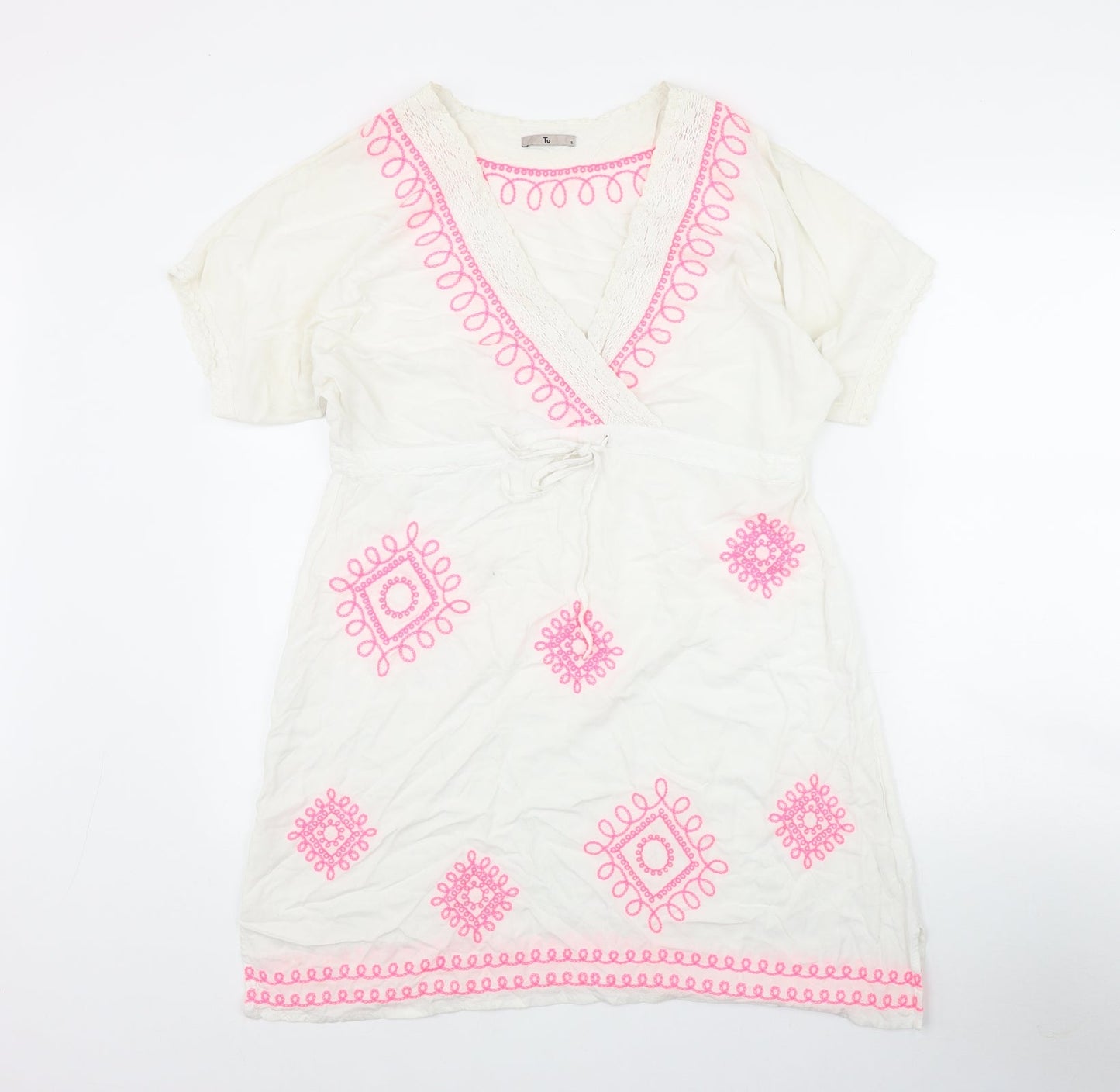 TU Womens White  Viscose Kaftan  Size S  V-Neck Tie - Embroidered