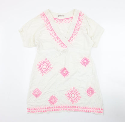 TU Womens White  Viscose Kaftan  Size S  V-Neck Tie - Embroidered