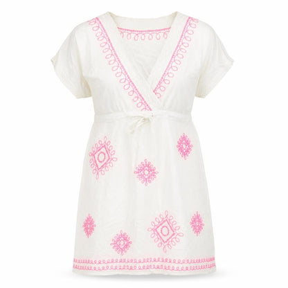 TU Womens White  Viscose Kaftan  Size S  V-Neck Tie - Embroidered