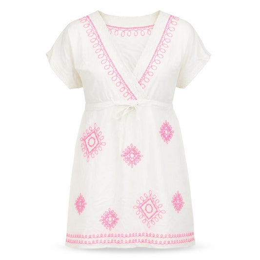 Front view of Tu women’s white viscose kaftan, size S, v-neck tie - embroidered