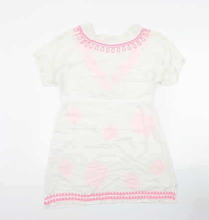 TU Womens White  Viscose Kaftan  Size S  V-Neck Tie - Embroidered