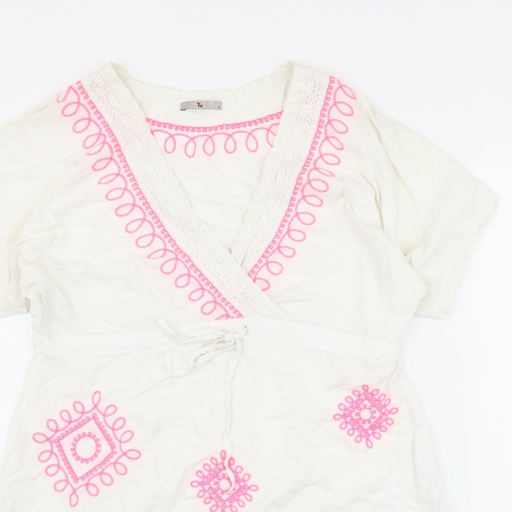 TU Womens White  Viscose Kaftan  Size S  V-Neck Tie - Embroidered