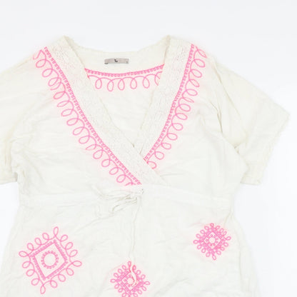 TU Womens White  Viscose Kaftan  Size S  V-Neck Tie - Embroidered