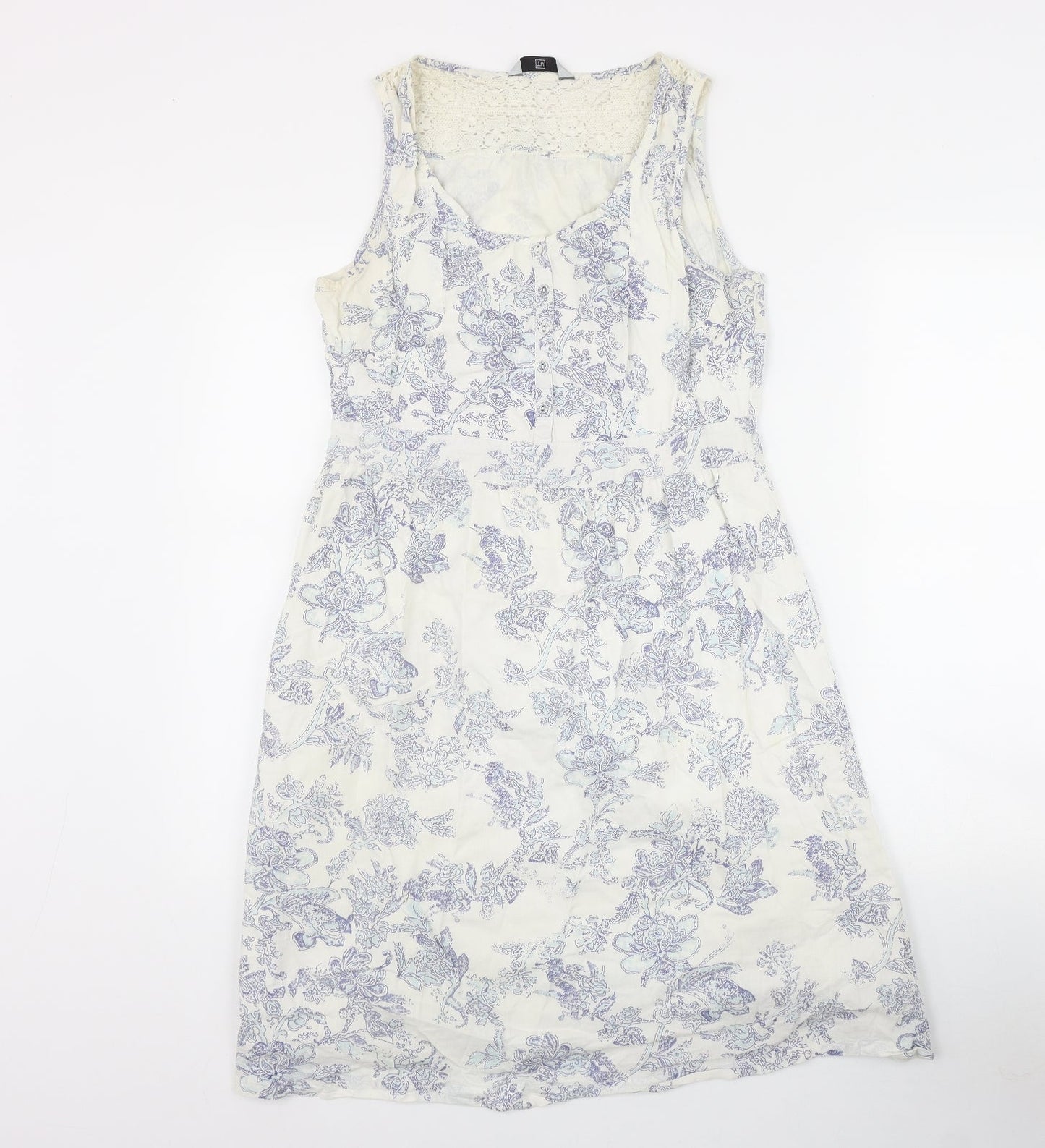 TU Womens White Geometric Cotton Fit & Flare  Size 10  Scoop Neck Button