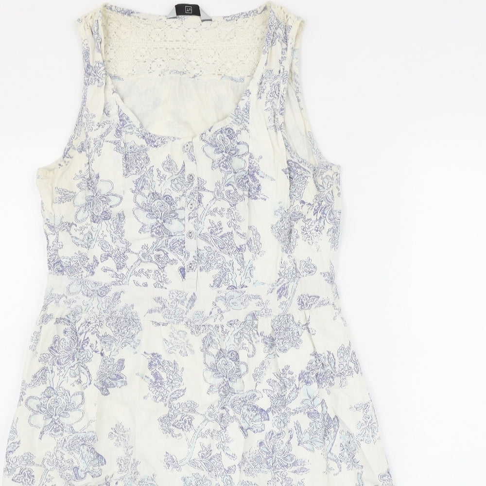 TU Womens White Geometric Cotton Fit & Flare  Size 10  Scoop Neck Button