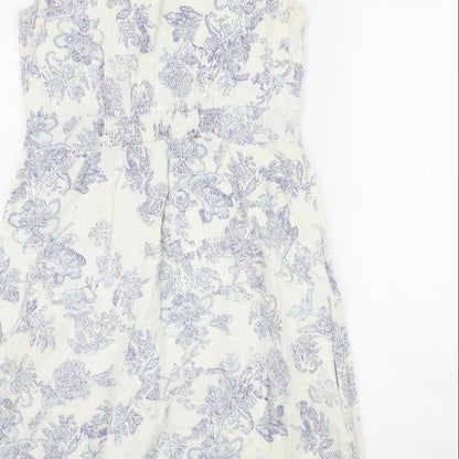 TU Womens White Geometric Cotton Fit & Flare  Size 10  Scoop Neck Button