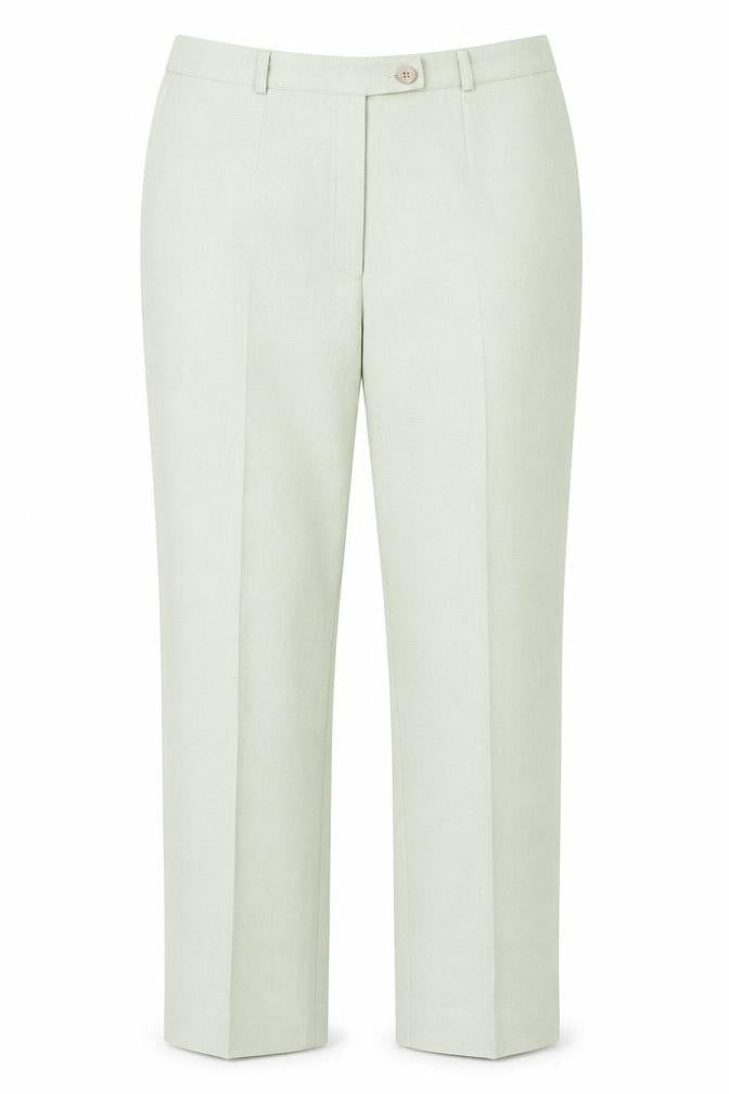 Front view of Classics women’s green polyester dress pants trousers, size UK 12, 26-inch leg regular button
