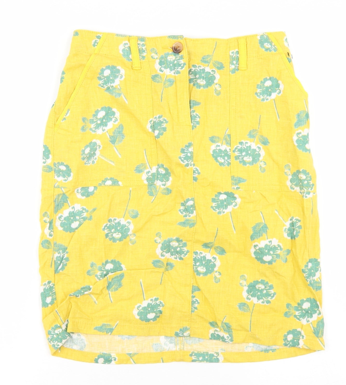 NEXT Womens Yellow Floral Linen Straight & Pencil Skirt Size 6   Button