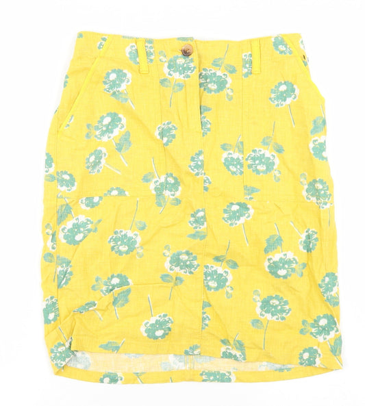 NEXT Womens Yellow Floral Linen Straight & Pencil Skirt Size 6   Button
