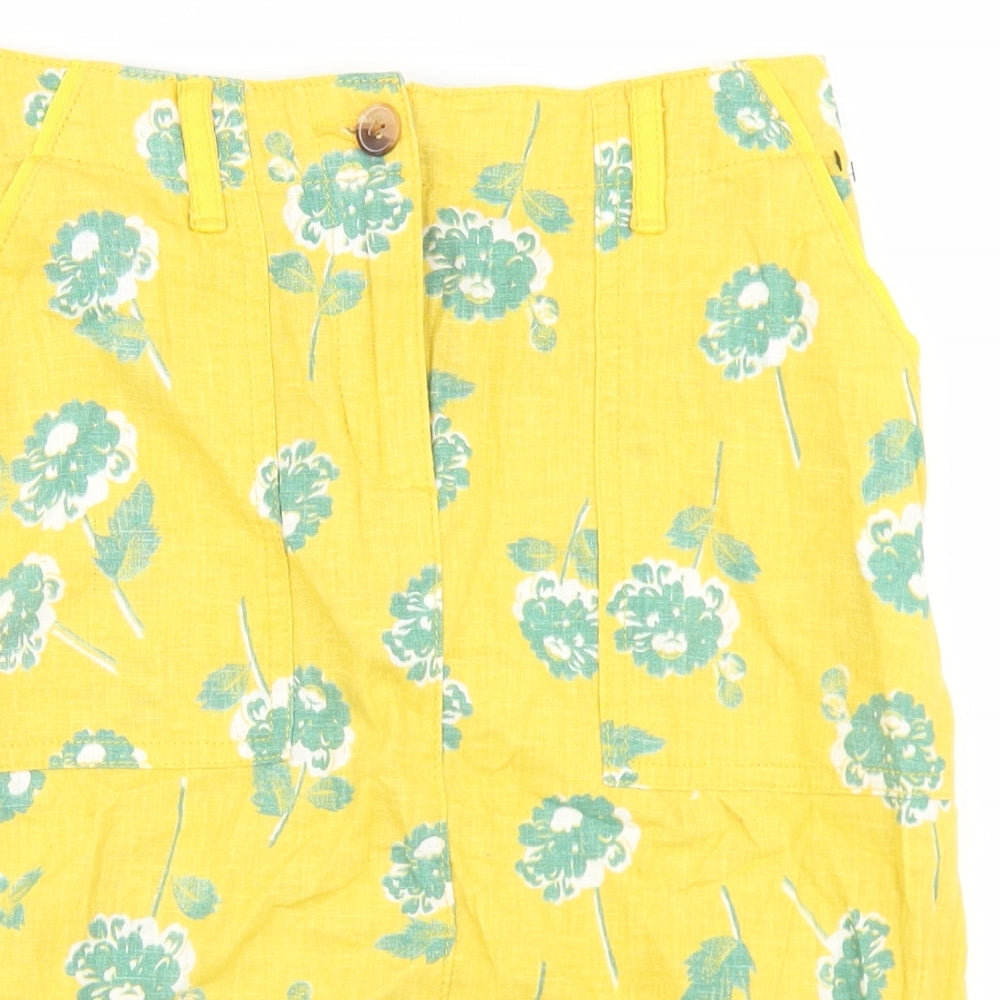 NEXT Womens Yellow Floral Linen Straight & Pencil Skirt Size 6   Button