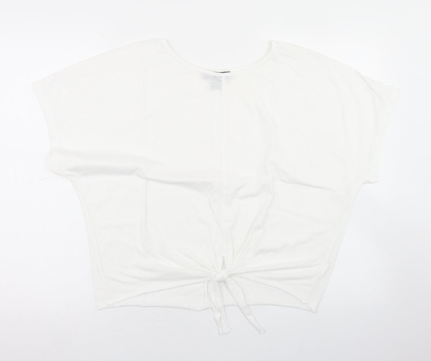 Primark Womens White  Polyester Cropped T-Shirt Size XS Round Neck - Tie Front