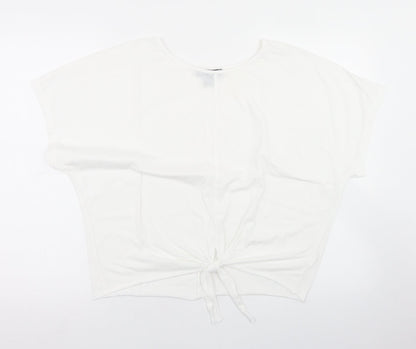 Primark Womens White  Polyester Cropped T-Shirt Size XS Round Neck - Tie Front