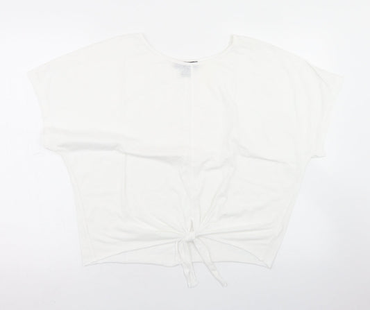 Primark Womens White  Polyester Cropped T-Shirt Size XS Round Neck - Tie Front