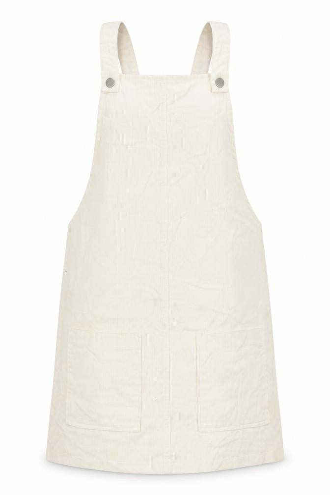 Front view of Boohoo women’s ivory cotton pinafore/dungaree dress, size UK 10, square neck button