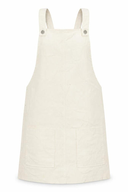 Front view of Boohoo women’s ivory cotton pinafore/dungaree dress, size UK 10, square neck button