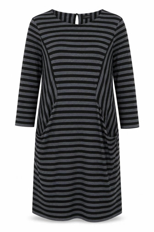 Front view of pomodoro women’s grey striped polyester a-line, size UK 14, crew neck button