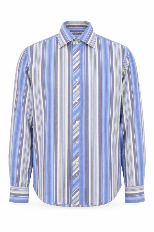 Front view of 2 Die 4 men’s blue striped cotton button-up, size L, collared button