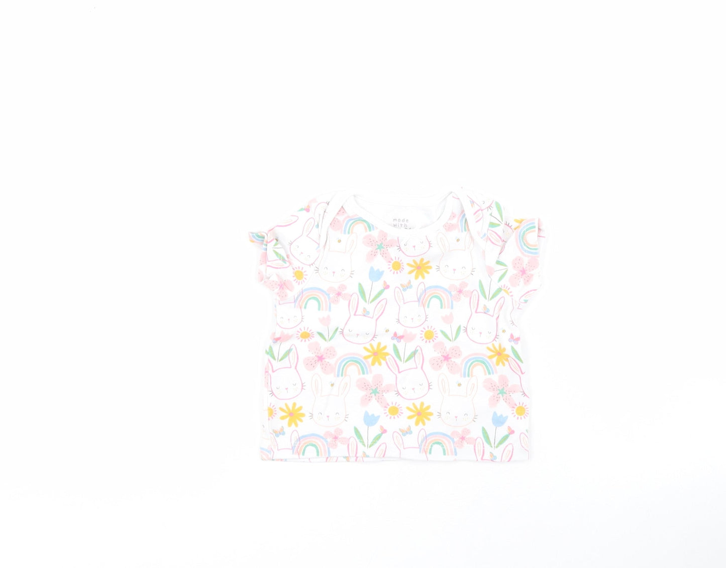 F&F Baby White Floral 100% Cotton Pullover T-Shirt Size 3-6 Months Round Neck Pullover - Rabbit