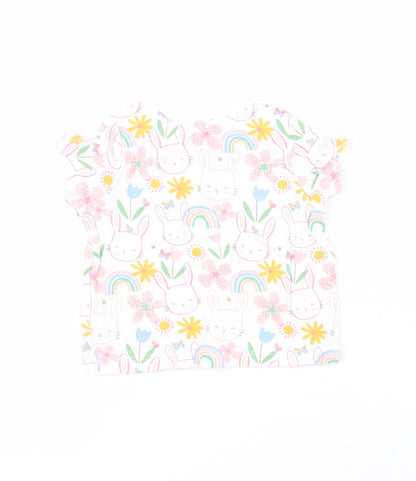 F&F Baby White Floral 100% Cotton Pullover T-Shirt Size 3-6 Months Round Neck Pullover - Rabbit