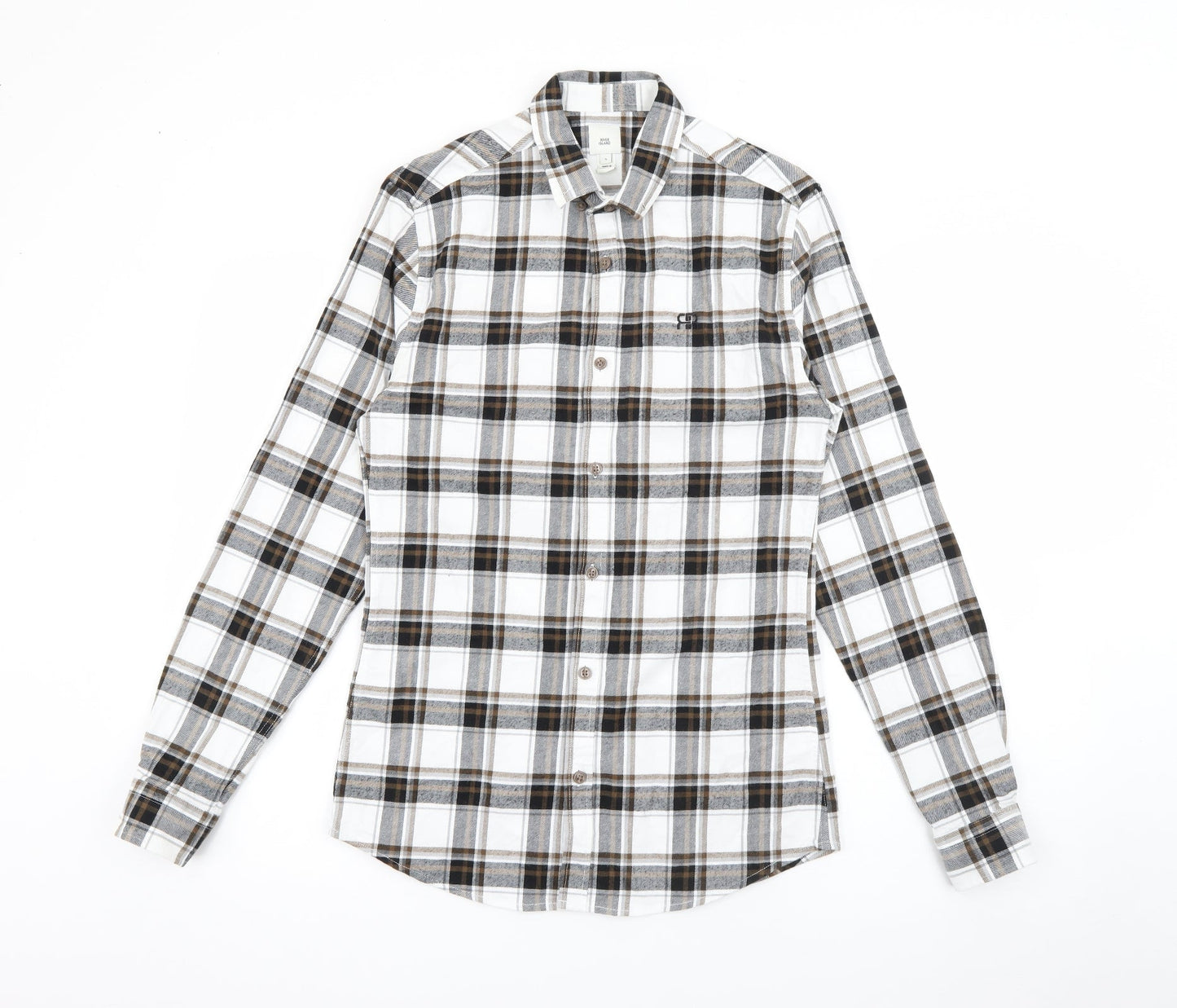 River Island Mens Brown Plaid Cotton  Button-Up Size S Collared Button