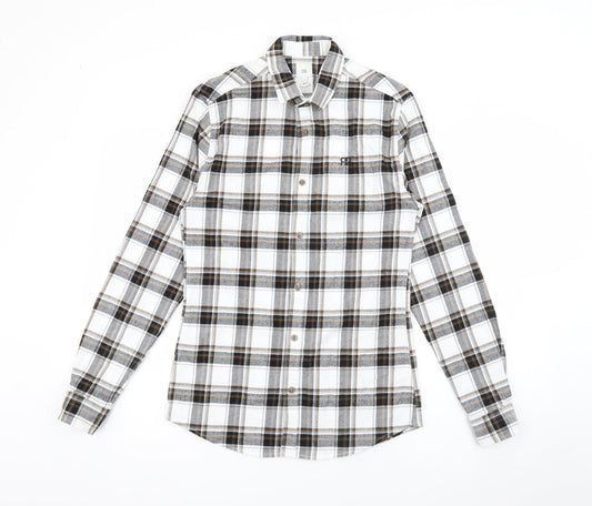 River Island Mens Brown Plaid Cotton  Button-Up Size S Collared Button