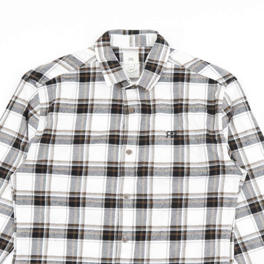 River Island Mens Brown Plaid Cotton  Button-Up Size S Collared Button