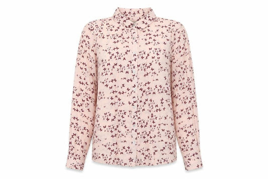 Front view of Pull&Bear women’s pink geometric polyester basic button-up, size M, collared - butterfly
