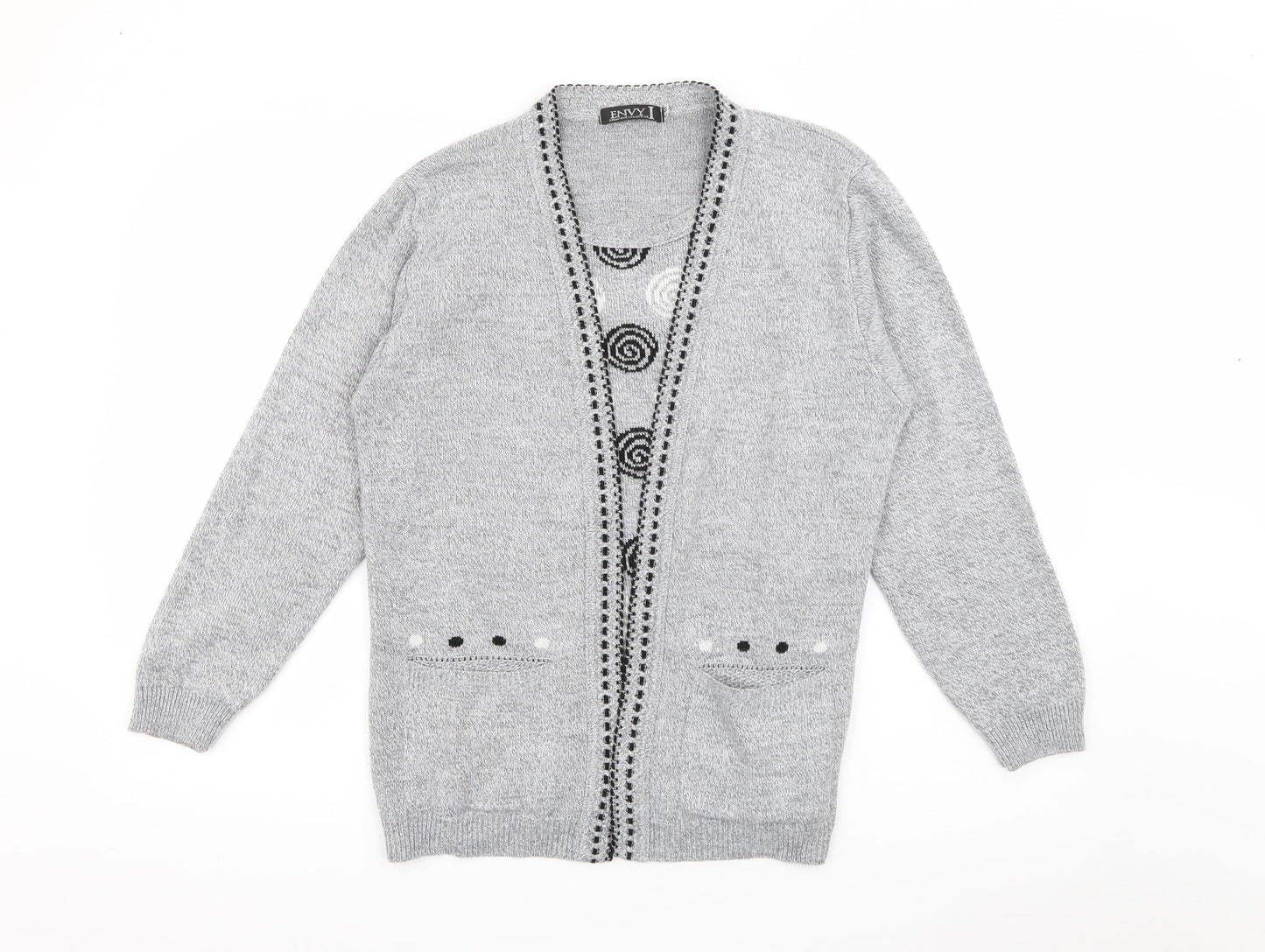 Envy Womens Grey Crew Neck Geometric Acrylic Pullover Jumper Size S