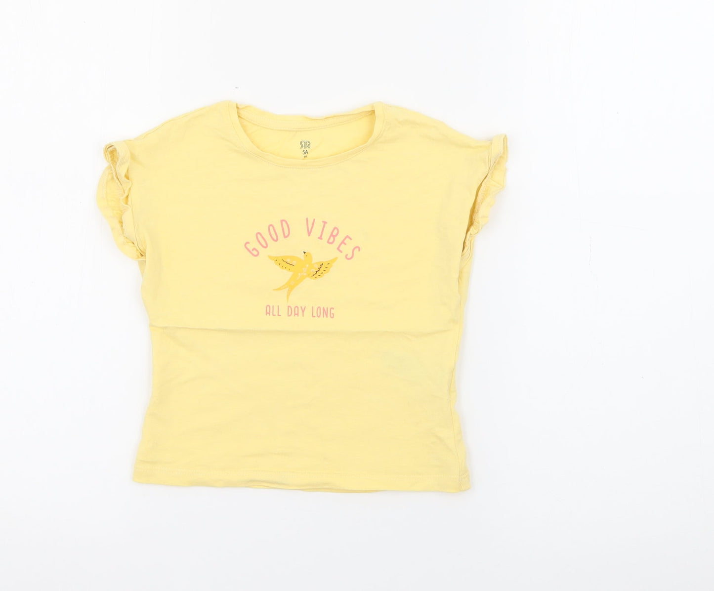 RTR Girls Yellow  Cotton Pullover T-Shirt Size 5 Years Crew Neck  - Good Vibes