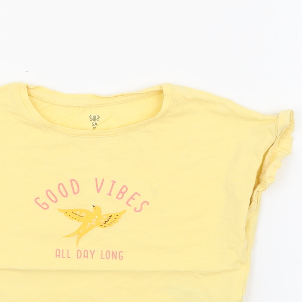 RTR Girls Yellow  Cotton Pullover T-Shirt Size 5 Years Crew Neck  - Good Vibes