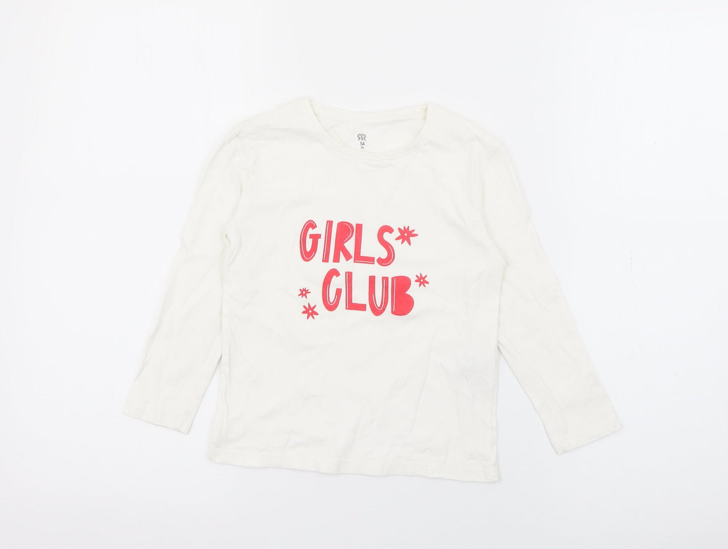 RTR Girls White  Cotton Pullover T-Shirt Size 5 Years Crew Neck  - Girls Club