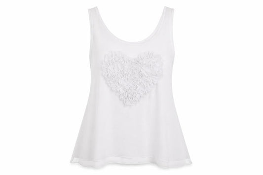 Front view of Max C women’s white polyester basic tank, size UK 8, scoop neck - heart