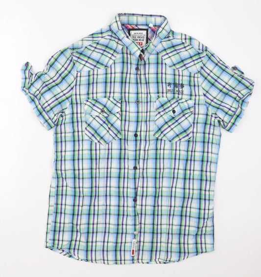 Union Made Mens Blue Check Cotton  Button-Up Size L Collared Button - Green