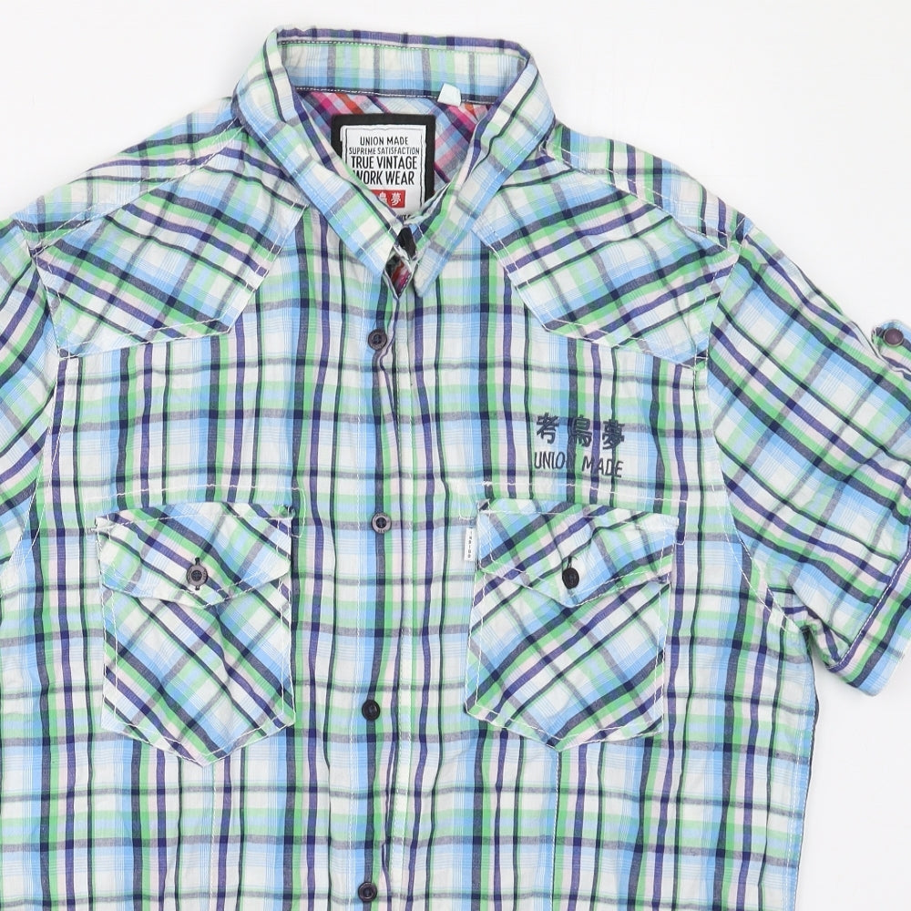 Union Made Mens Blue Check Cotton  Button-Up Size L Collared Button - Green