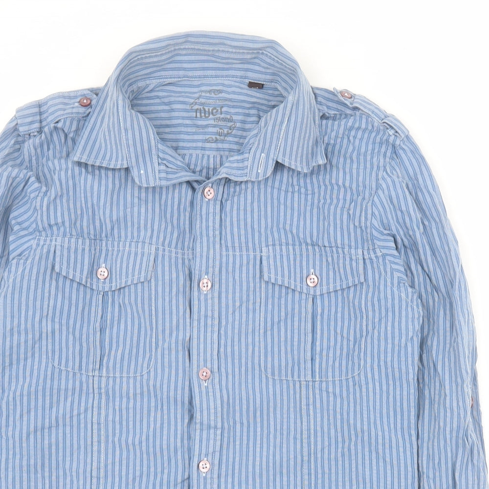 River Island Mens Blue Striped Cotton  Button-Up Size M Collared Button