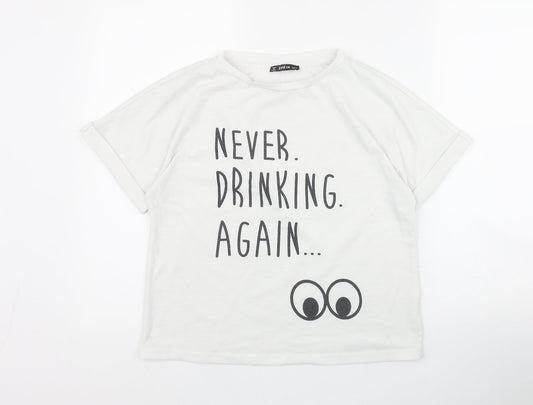 SheIn Womens White  Polyester Basic T-Shirt Size S Round Neck - 'Never Drinking Again...'