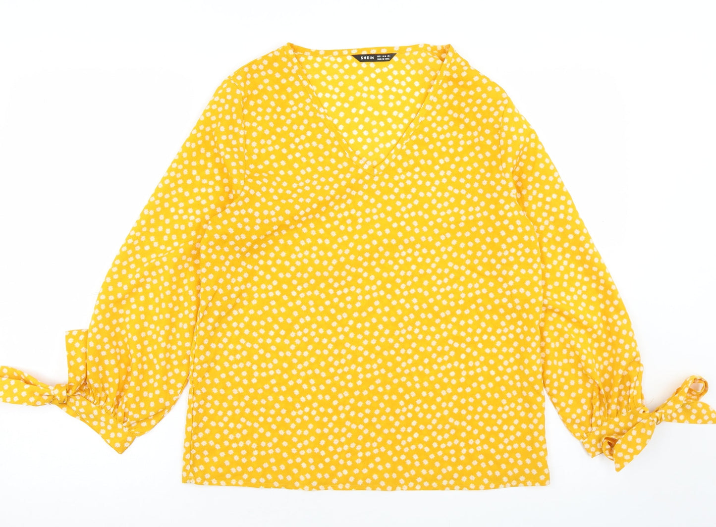 SheIn Womens Yellow Floral Polyester Basic Blouse Size S V-Neck