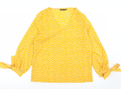 SheIn Womens Yellow Floral Polyester Basic Blouse Size S V-Neck