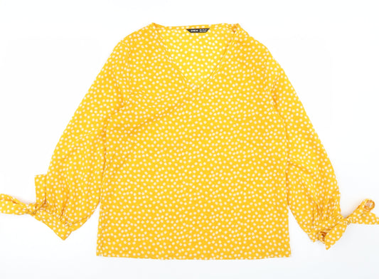 SheIn Womens Yellow Floral Polyester Basic Blouse Size S V-Neck