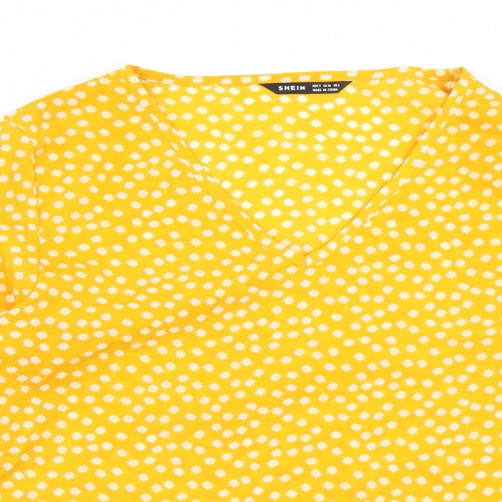 SheIn Womens Yellow Floral Polyester Basic Blouse Size S V-Neck