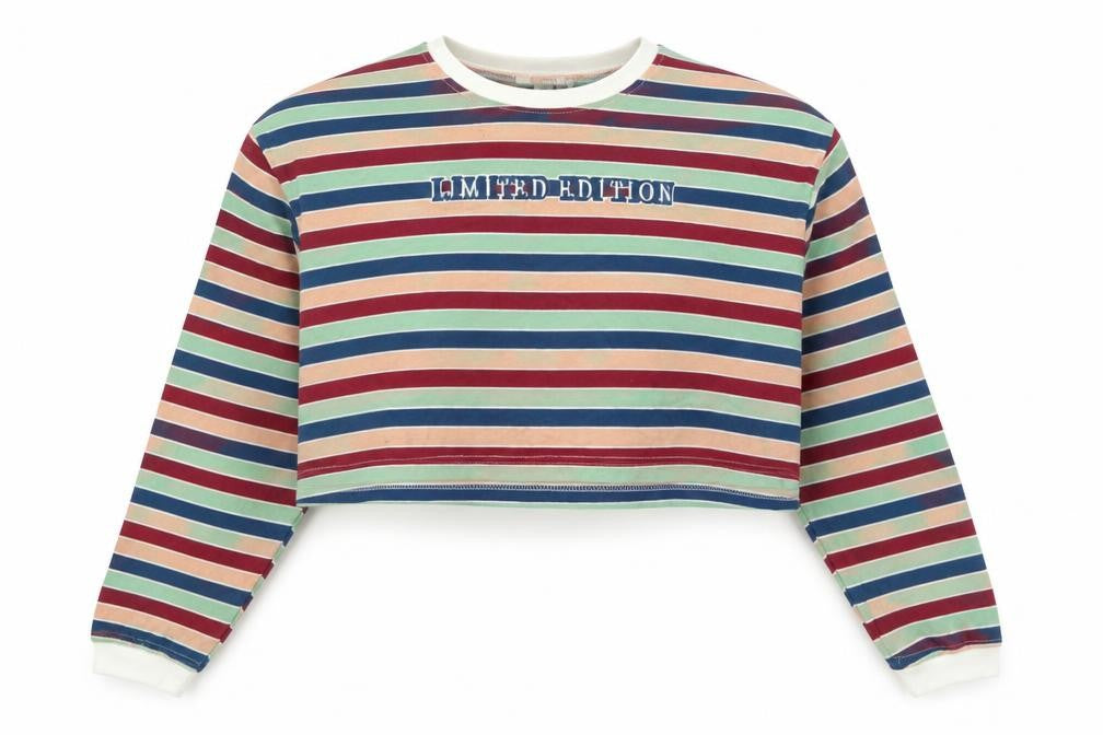 Front view of Missguided women’s multicoloured striped polyester cropped t-shirt, size UK 8, crew neck