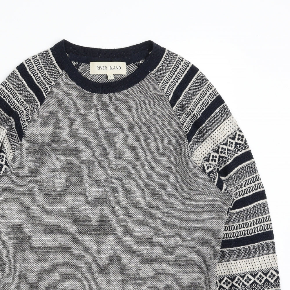 River Island Mens Blue Crew Neck Geometric Acrylic Pullover Jumper Size S