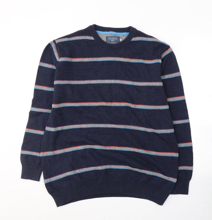 Atlantic Bay Mens Blue Round Neck Striped Cotton Pullover Jumper Size L